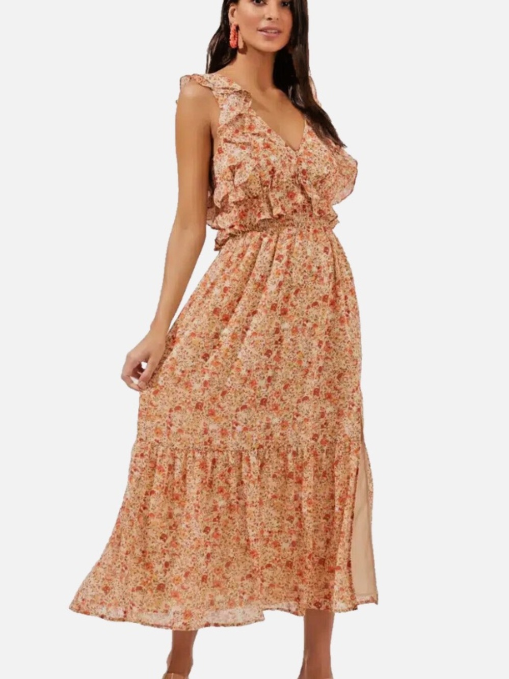 Dex Floral Ruffle Midi Dress in Peach and Coral